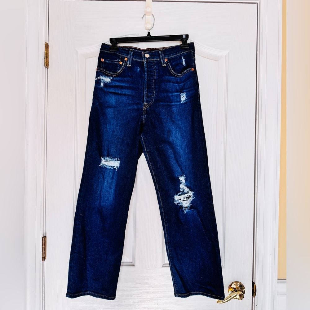 Levi's Ribcage Straight Dark Blue Distressed Ankle Jeans Size 27